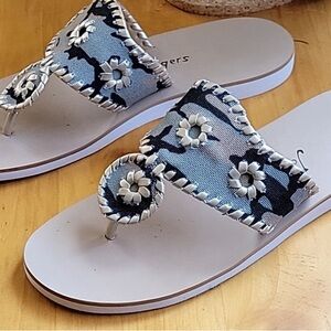 Jack Rogers camo flip-flops with gold stitching